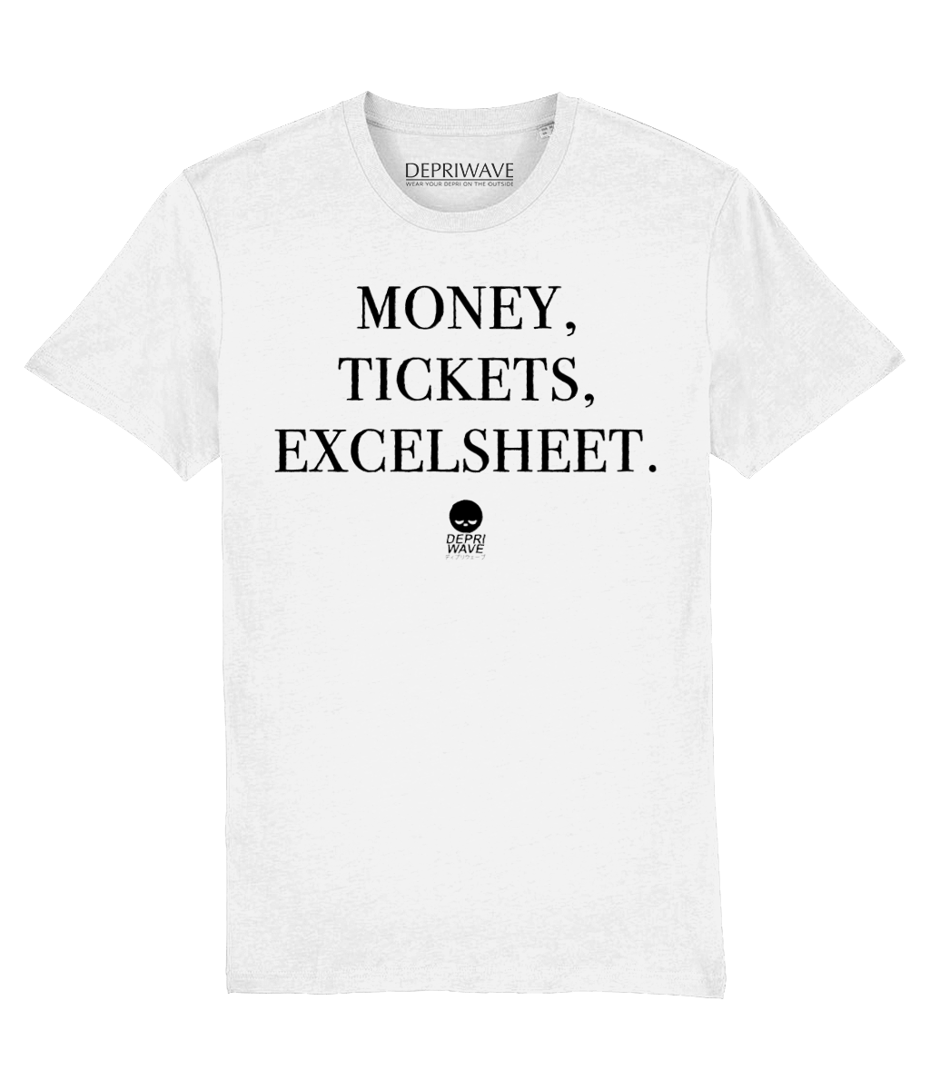 Money, Tickets, Excelsheet. t-shirt (wit)